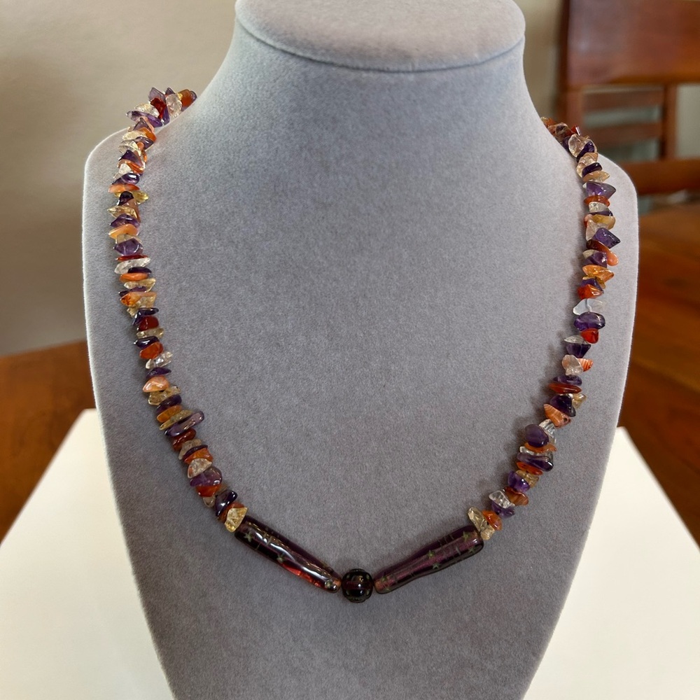 Carved amethyst Multi-Color Gemstone Chip Necklace 22”
